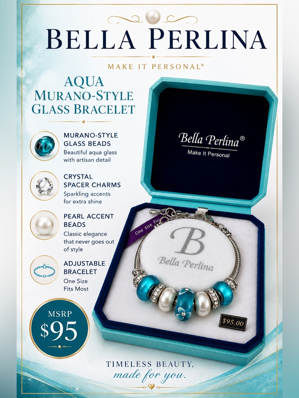 bella Perlina Aqua Murano-Style Glass Bracelet with Pearl & Silver Accents